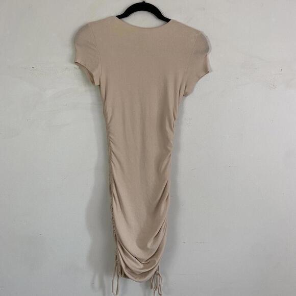 PRINCESS POLLY tan short sleeve ribbed ruched mini dress - Picture 4 of 5